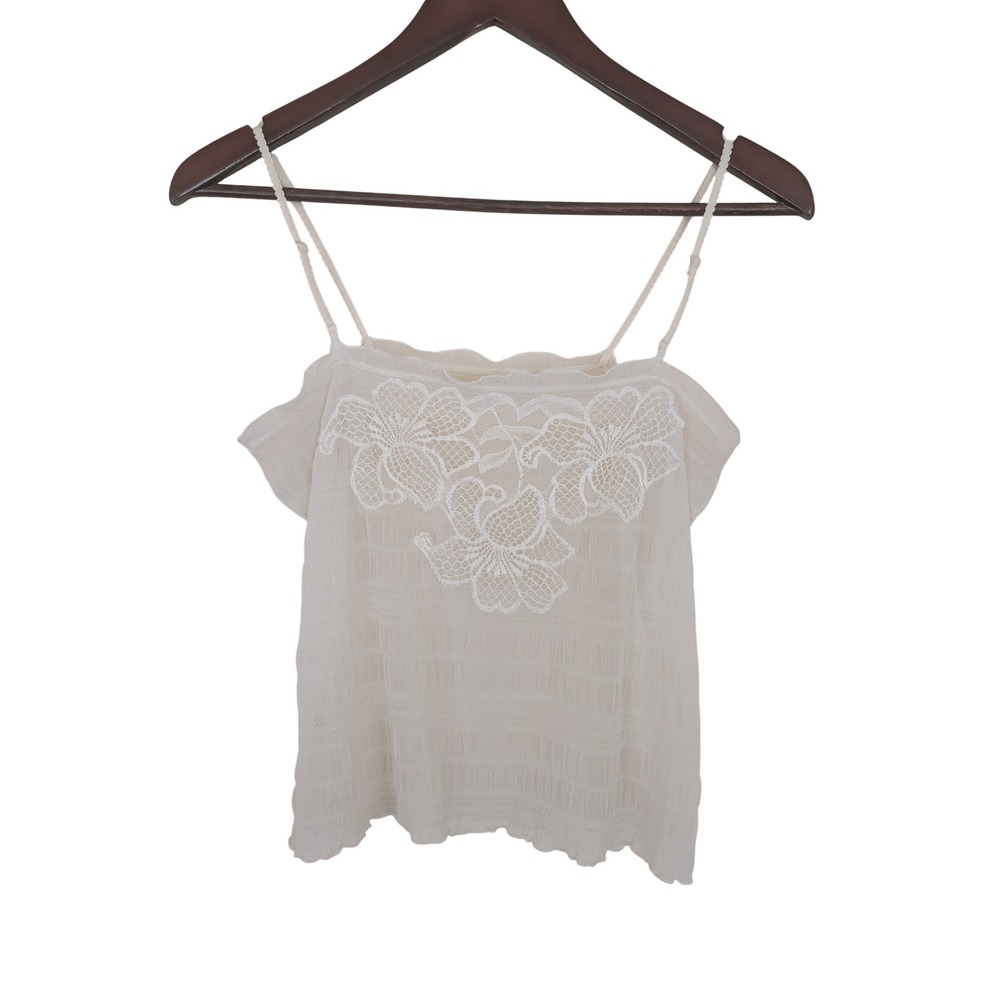 Oulandai Cami L Cream/white Mesh Smocked Floral Lace Applique Tank Top Coquette